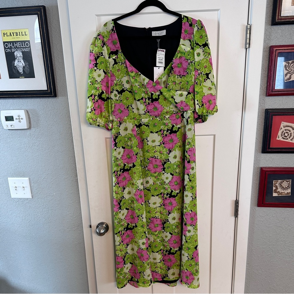 WAYF- Green and Pink Floral Faux Wrap Puff Sleeve Midi Dress-XL-NWT
